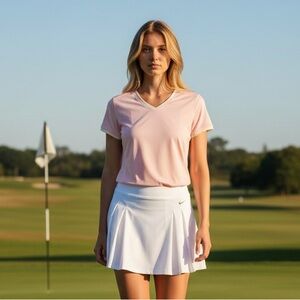 Nike Golf Dri-Fit Women’s V-Neck Pink/White Fitted Top Size-M EUC